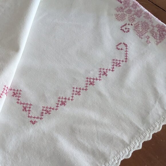 Vintage White Tablecloth with Pink Floral Cross-Stitch Flowers - Picture 4 of 5